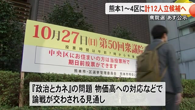 衆院選いよいよ公示１２日間選挙戦スタートへ熊本県内４選挙区１２人立候補予定