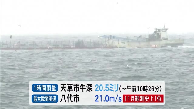 熊本県内は荒れた天気に 八代市で最大瞬間風速２１メートル １１月の観測史上１位